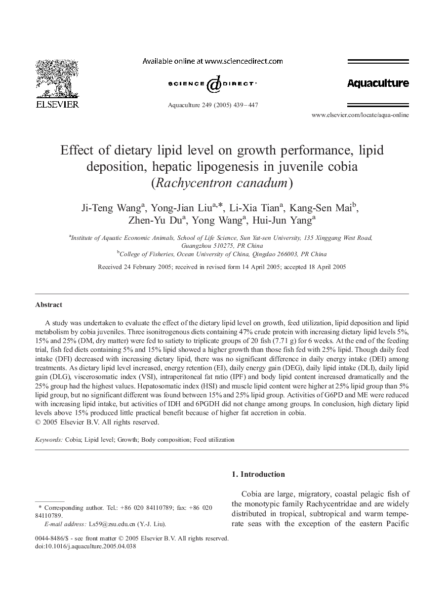 Effect of dietary lipid level on growth performance, lipid deposition, hepatic lipogenesis in juvenile cobia (Rachycentron canadum)