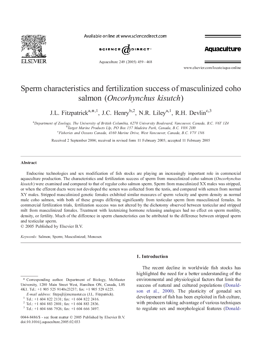 Sperm characteristics and fertilization success of masculinized coho salmon (Oncorhynchus kisutch)