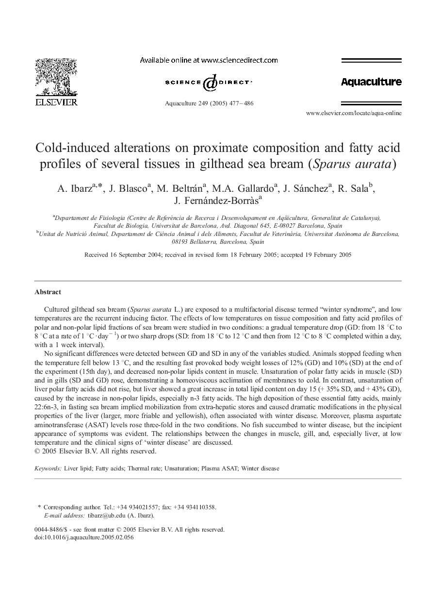 Cold-induced alterations on proximate composition and fatty acid profiles of several tissues in gilthead sea bream (Sparus aurata)