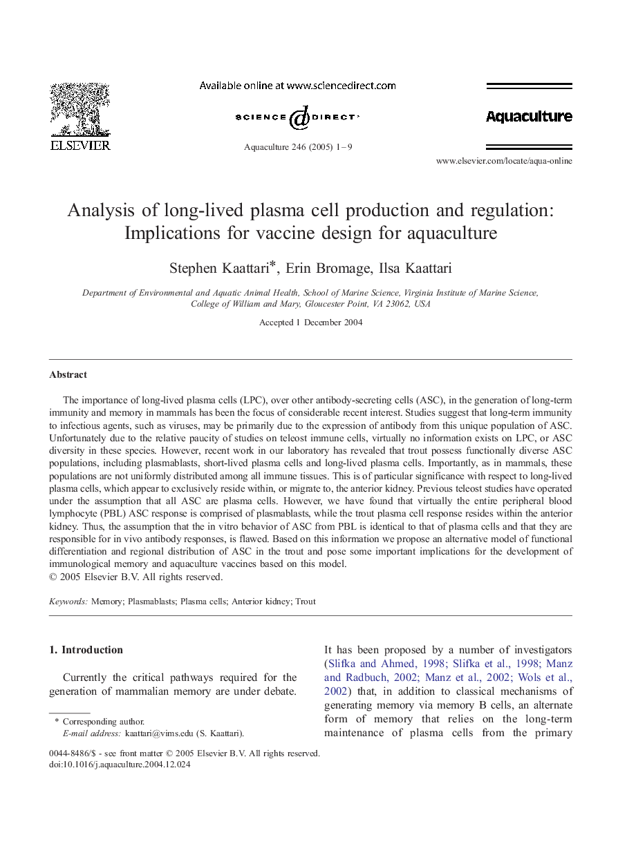 Analysis of long-lived plasma cell production and regulation: Implications for vaccine design for aquaculture