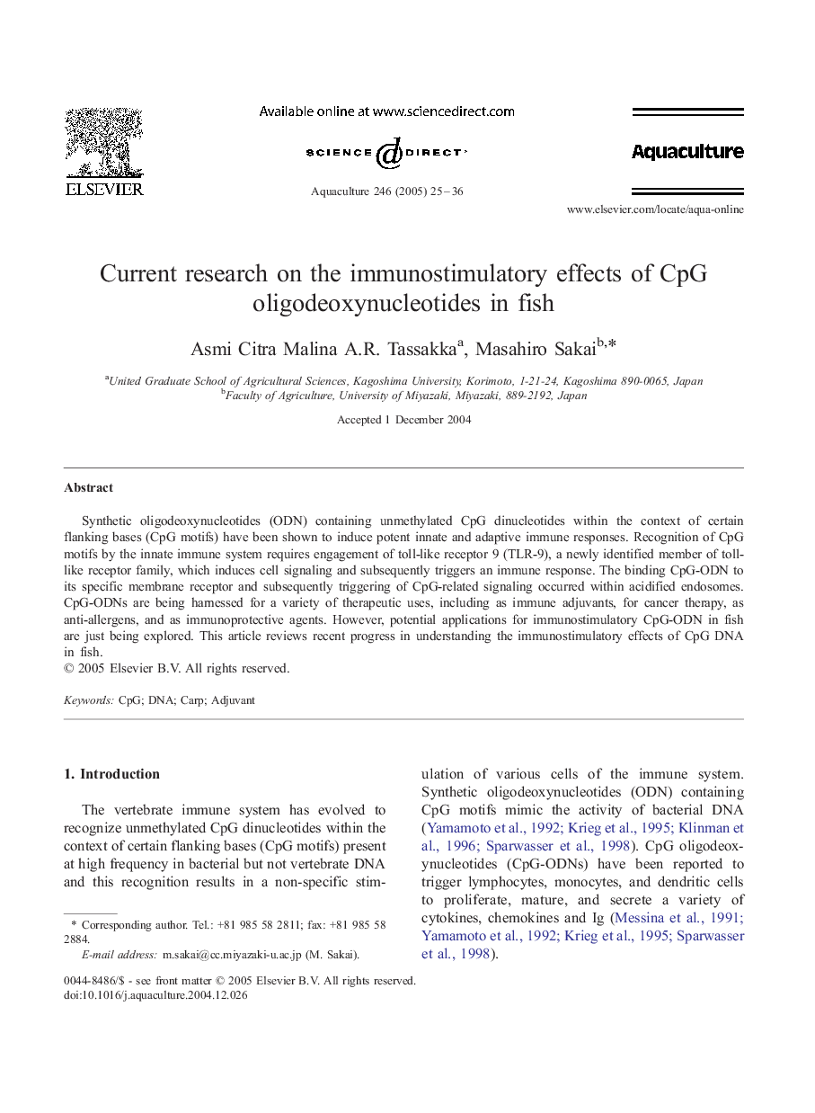 Current research on the immunostimulatory effects of CpG oligodeoxynucleotides in fish