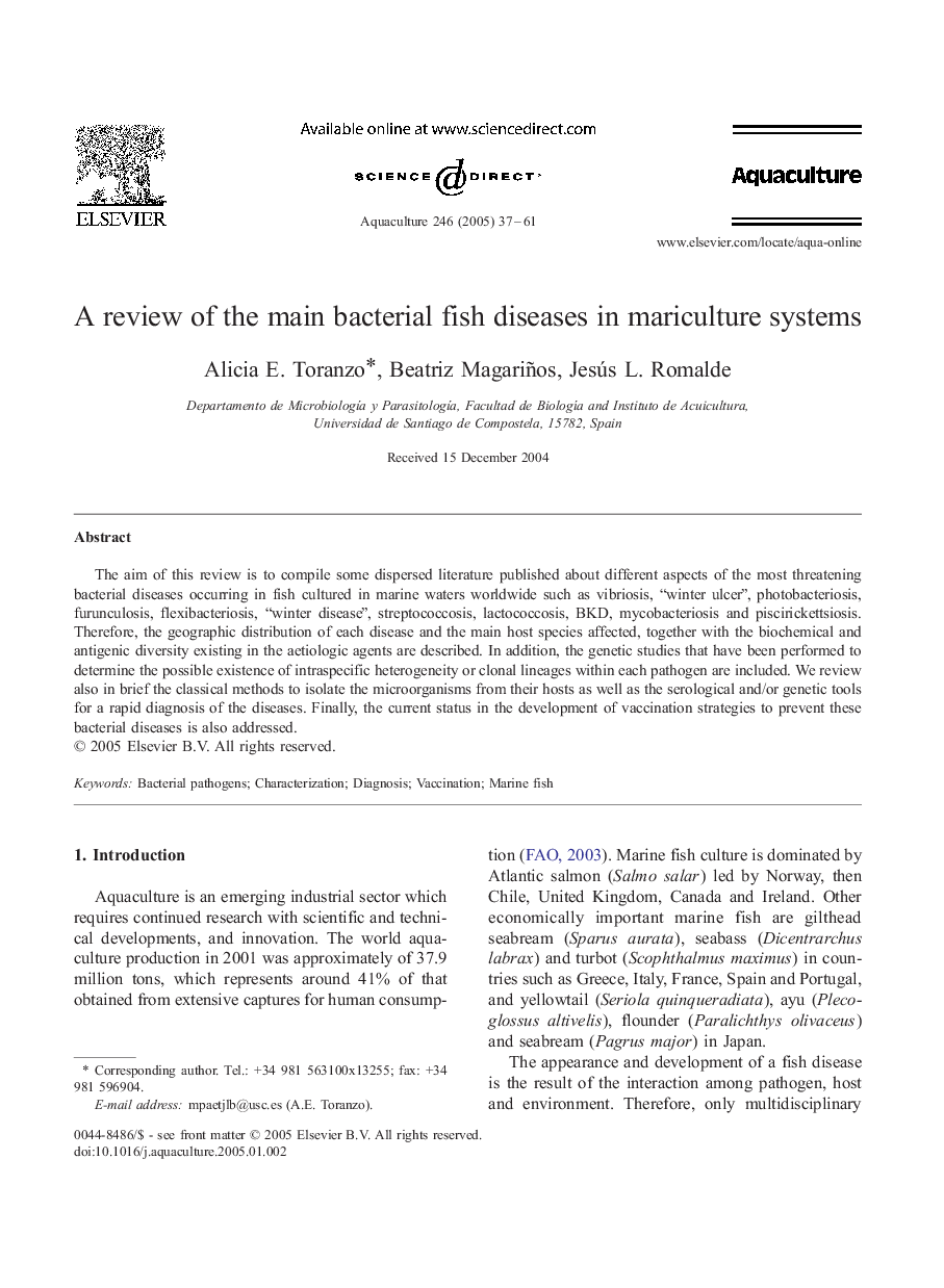 A review of the main bacterial fish diseases in mariculture systems