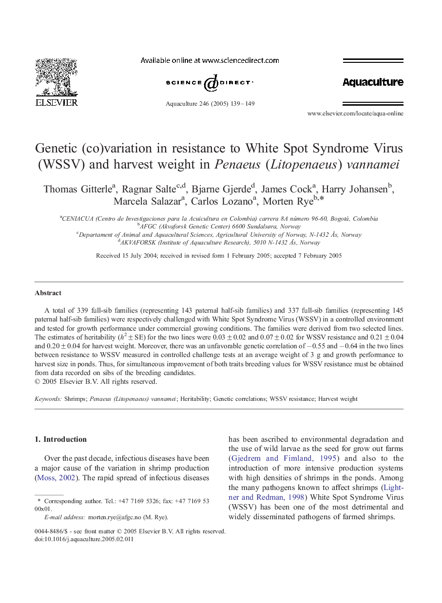 Genetic (co)variation in resistance to White Spot Syndrome Virus (WSSV) and harvest weight in Penaeus (Litopenaeus) vannamei