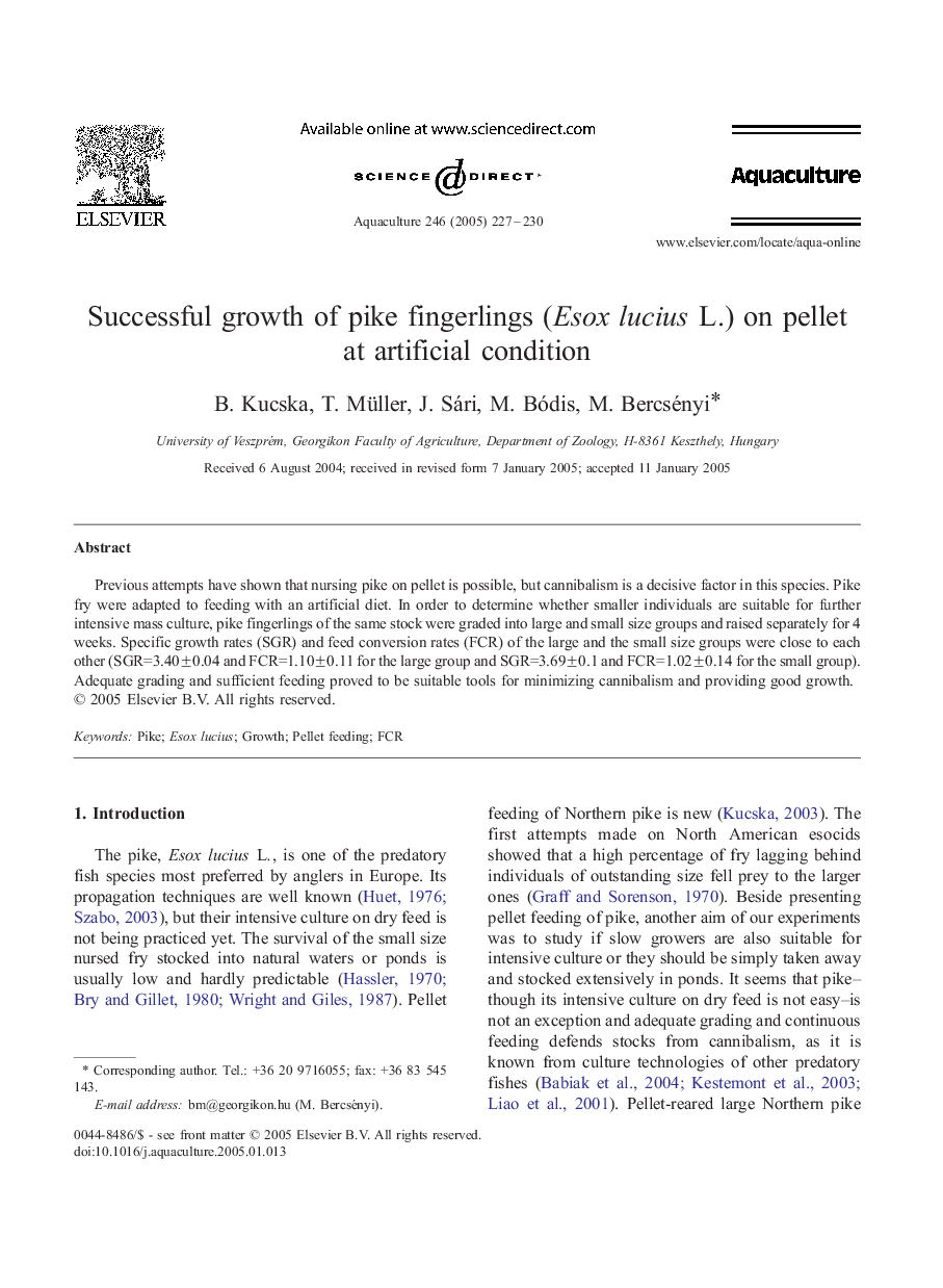 Successful growth of pike fingerlings (Esox lucius L.) on pellet at artificial condition