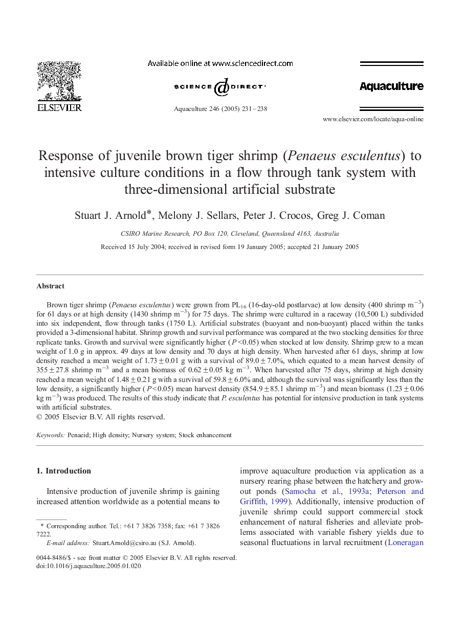 Response of juvenile brown tiger shrimp (Penaeus esculentus) to intensive culture conditions in a flow through tank system with three-dimensional artificial substrate