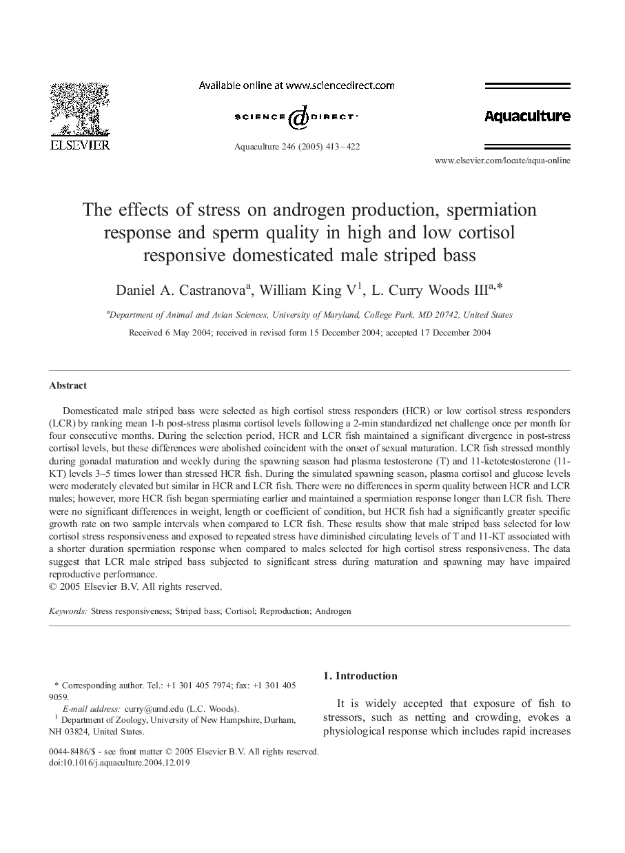 The effects of stress on androgen production, spermiation response and sperm quality in high and low cortisol responsive domesticated male striped bass