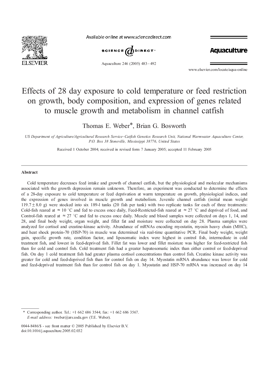 Effects of 28 day exposure to cold temperature or feed restriction on growth, body composition, and expression of genes related to muscle growth and metabolism in channel catfish