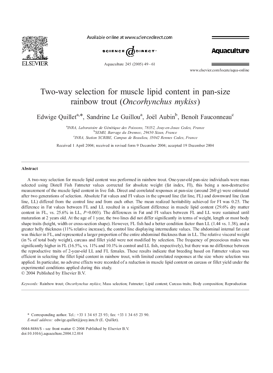 Two-way selection for muscle lipid content in pan-size rainbow trout (Oncorhynchus mykiss)