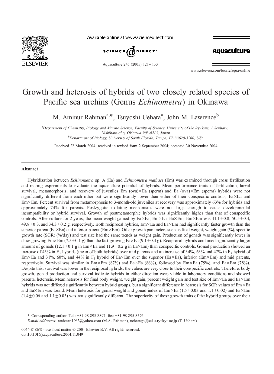 Growth and heterosis of hybrids of two closely related species of Pacific sea urchins (Genus Echinometra) in Okinawa