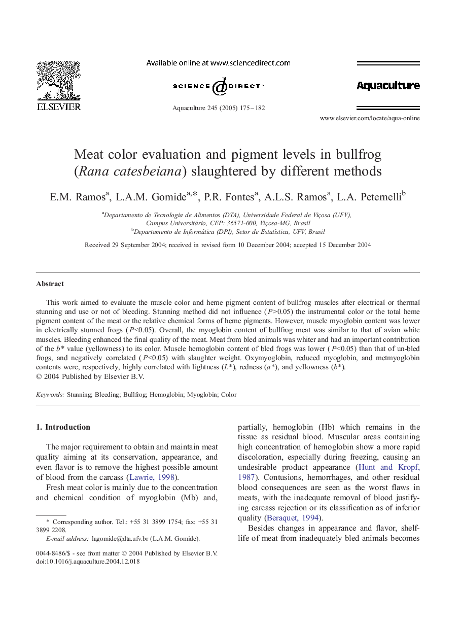 Meat color evaluation and pigment levels in bullfrog (Rana catesbeiana) slaughtered by different methods