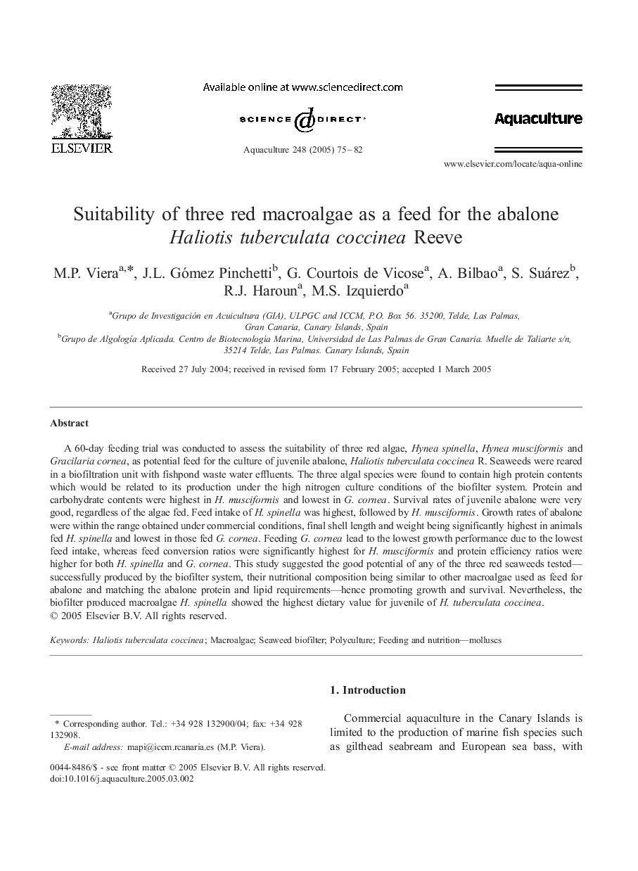 Suitability of three red macroalgae as a feed for the abalone Haliotis tuberculata coccinea Reeve