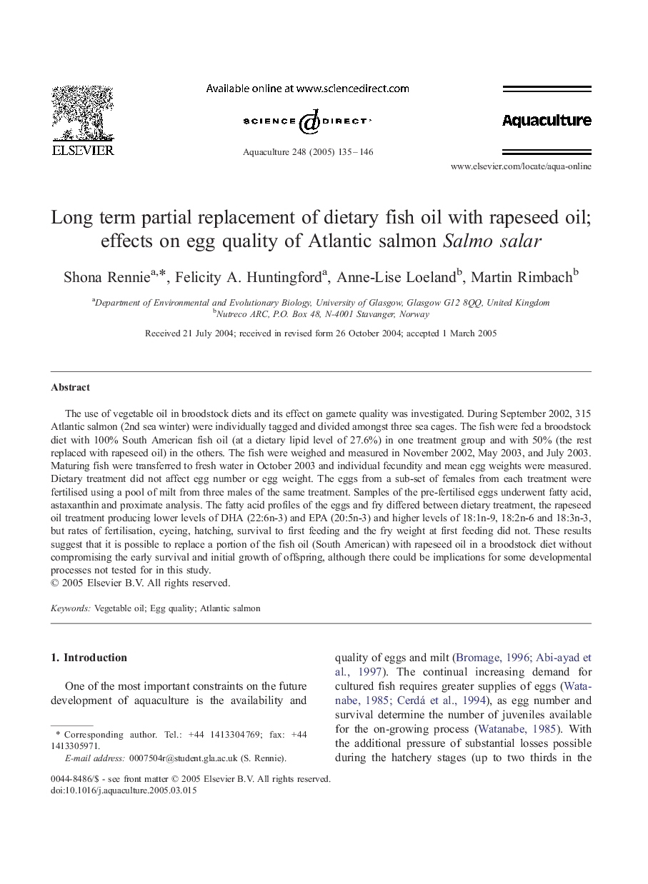 Long term partial replacement of dietary fish oil with rapeseed oil; effects on egg quality of Atlantic salmon Salmo salar