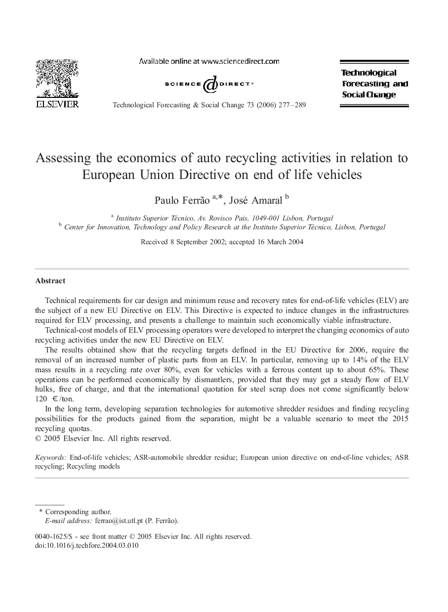 Assessing the economics of auto recycling activities in relation to European Union Directive on end of life vehicles