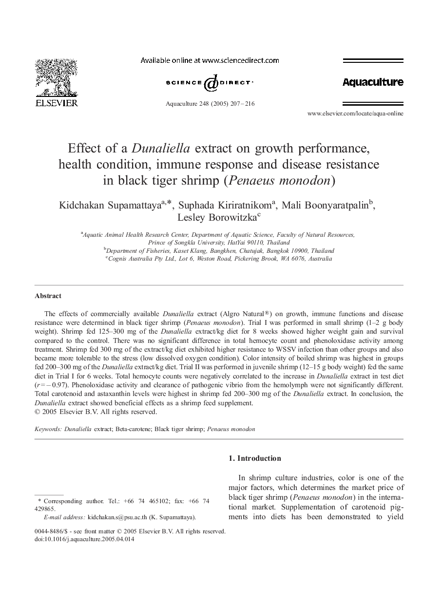 Effect of a Dunaliella extract on growth performance, health condition, immune response and disease resistance in black tiger shrimp (Penaeus monodon)