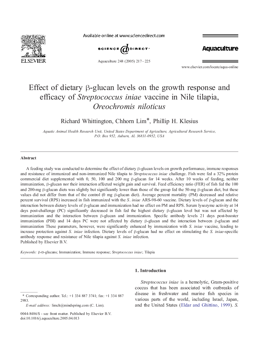 Effect of dietary Î²-glucan levels on the growth response and efficacy of Streptococcus iniae vaccine in Nile tilapia, Oreochromis niloticus