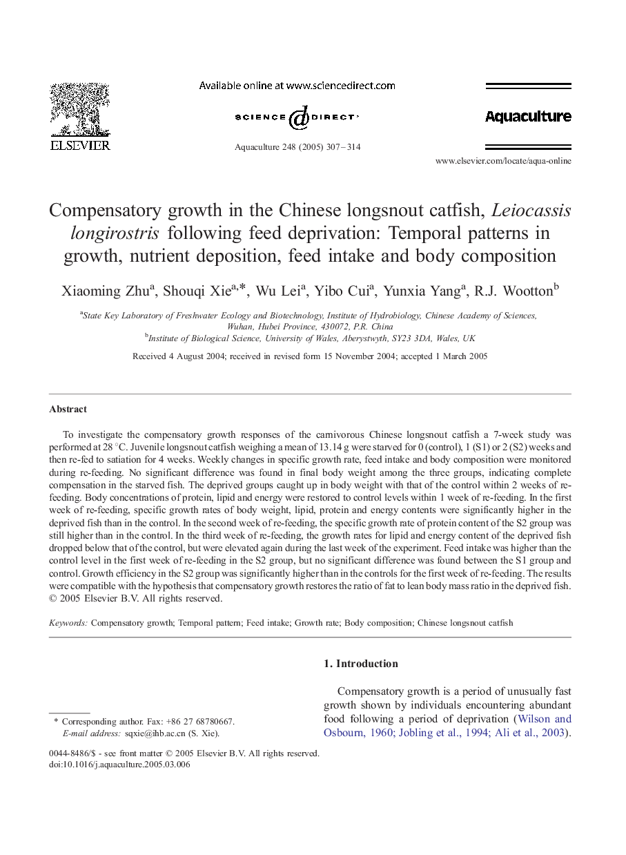 Compensatory growth in the Chinese longsnout catfish, Leiocassis longirostris following feed deprivation: Temporal patterns in growth, nutrient deposition, feed intake and body composition