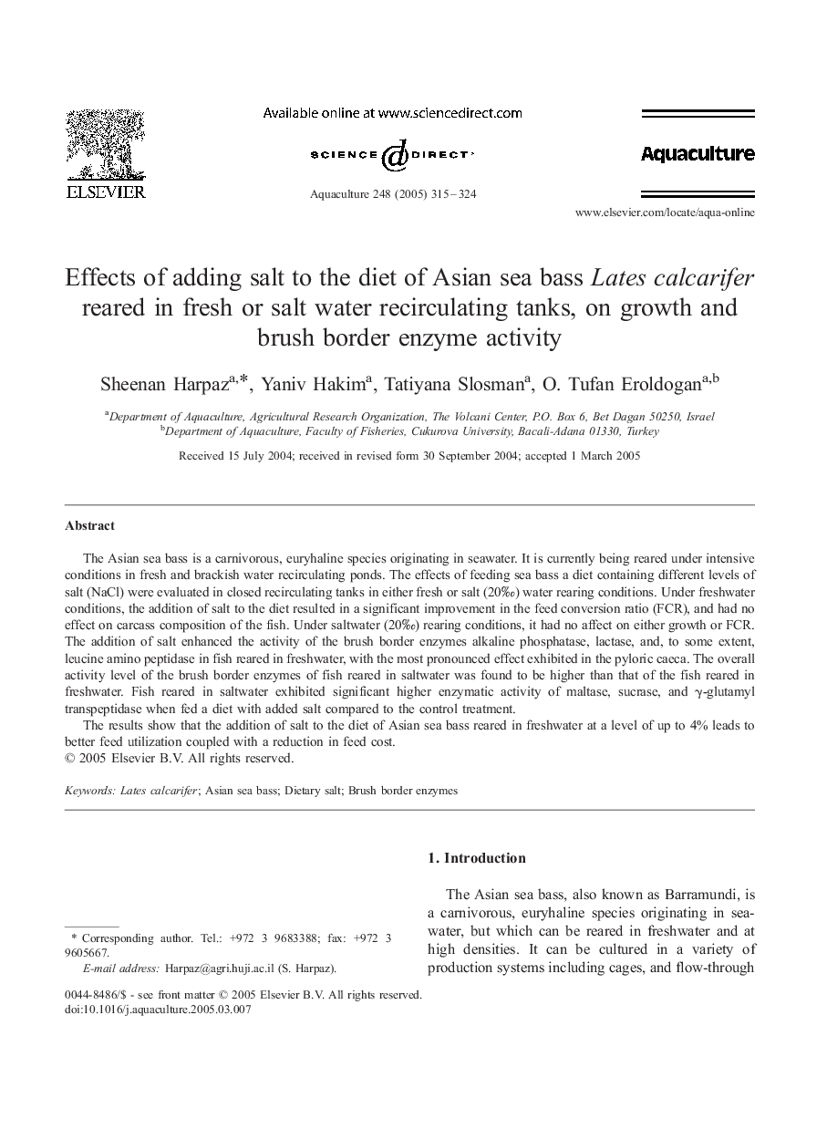 Effects of adding salt to the diet of Asian sea bass Lates calcarifer reared in fresh or salt water recirculating tanks, on growth and brush border enzyme activity