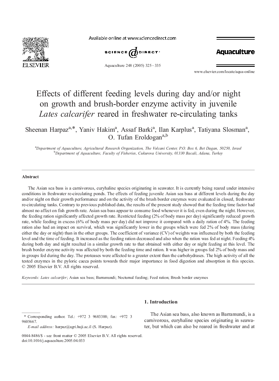 Effects of different feeding levels during day and/or night on growth and brush-border enzyme activity in juvenile Lates calcarifer reared in freshwater re-circulating tanks