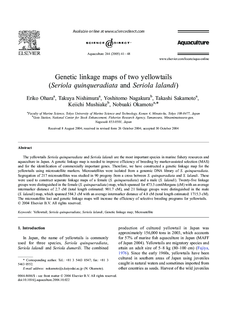 Genetic linkage maps of two yellowtails (Seriola quinqueradiata and Seriola lalandi)