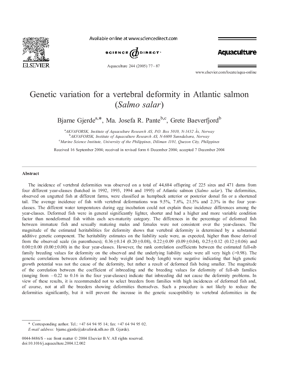 Genetic variation for a vertebral deformity in Atlantic salmon (Salmo salar)