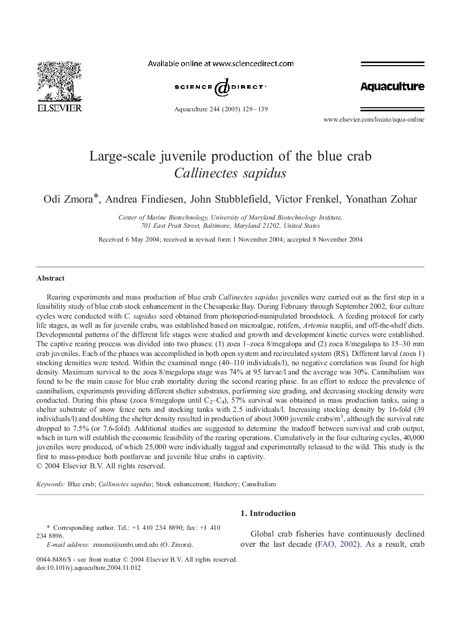 Large-scale juvenile production of the blue crab Callinectes sapidus