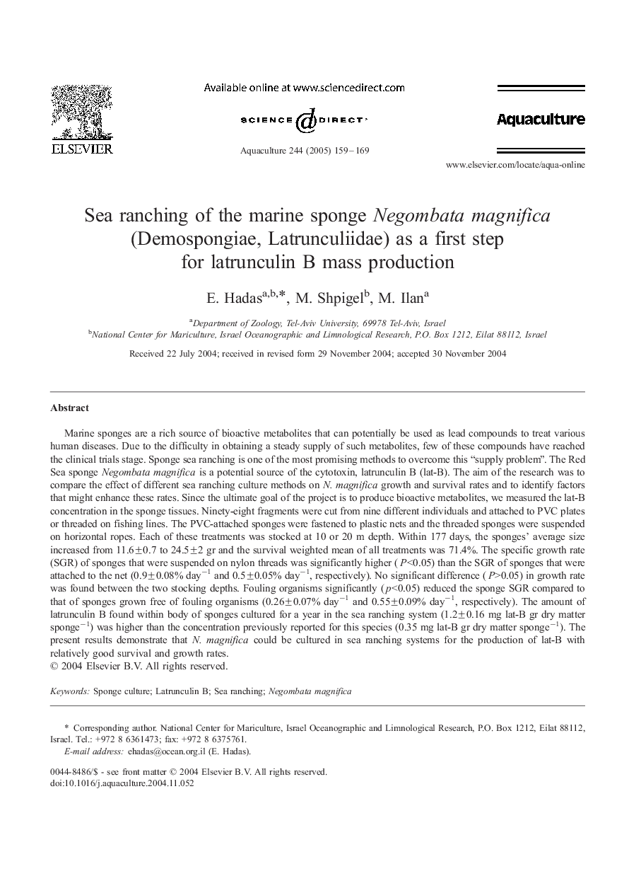 Sea ranching of the marine sponge Negombata magnifica (Demospongiae, Latrunculiidae) as a first step for latrunculin B mass production