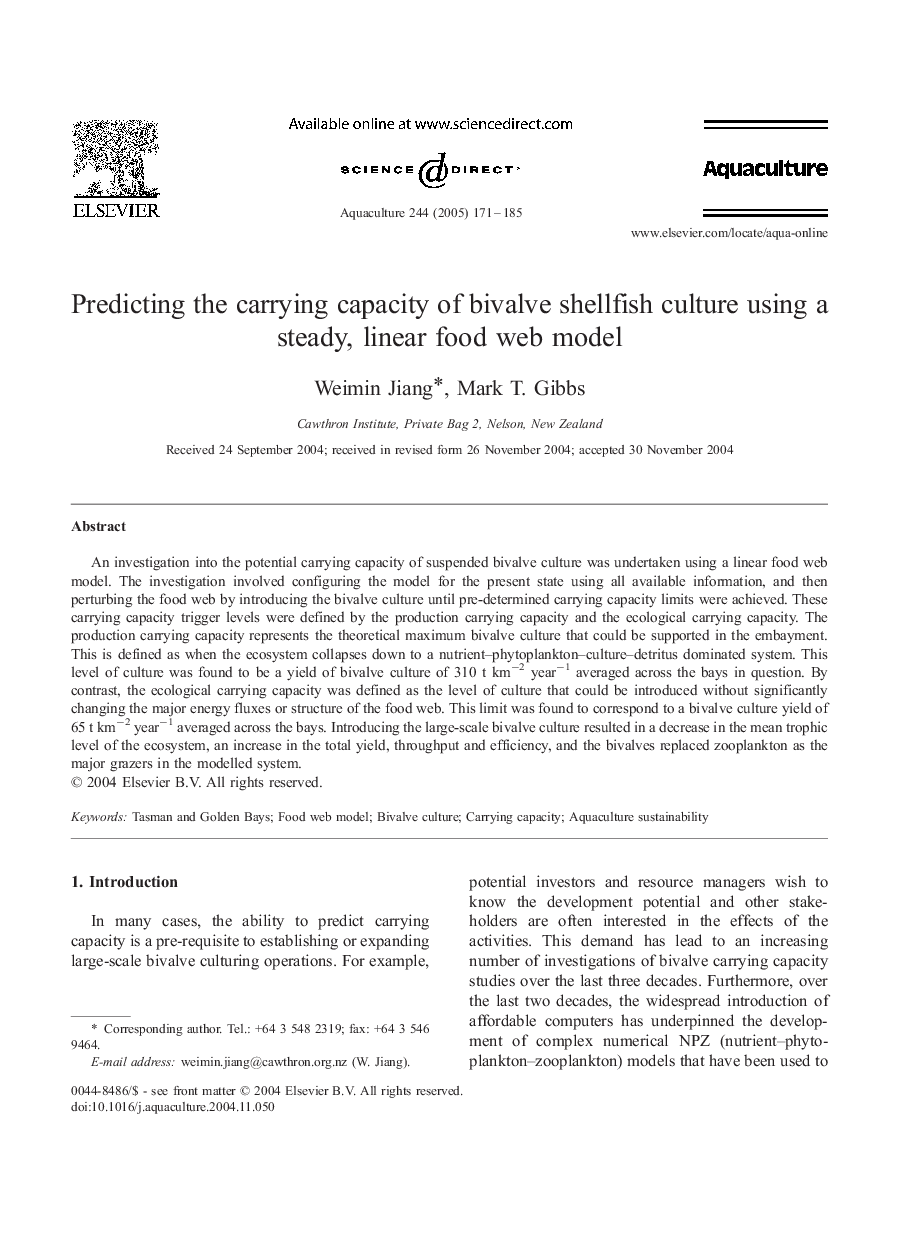 Predicting the carrying capacity of bivalve shellfish culture using a steady, linear food web model