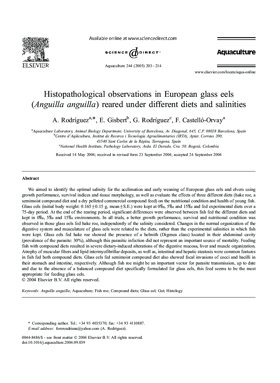 Histopathological observations in European glass eels (Anguilla anguilla) reared under different diets and salinities