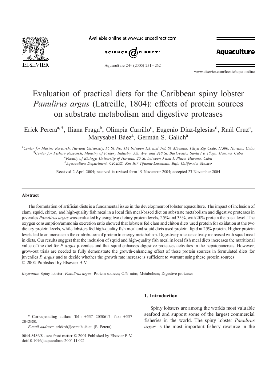 Evaluation of practical diets for the Caribbean spiny lobster Panulirus argus (Latreille, 1804): effects of protein sources on substrate metabolism and digestive proteases