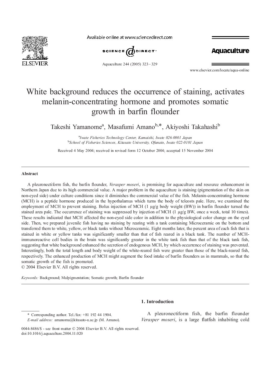 White background reduces the occurrence of staining, activates melanin-concentrating hormone and promotes somatic growth in barfin flounder