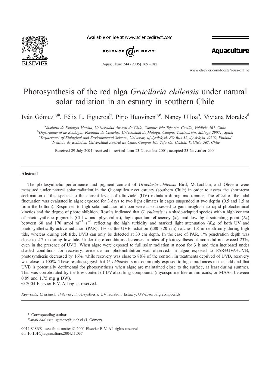 Photosynthesis of the red alga Gracilaria chilensis under natural solar radiation in an estuary in southern Chile