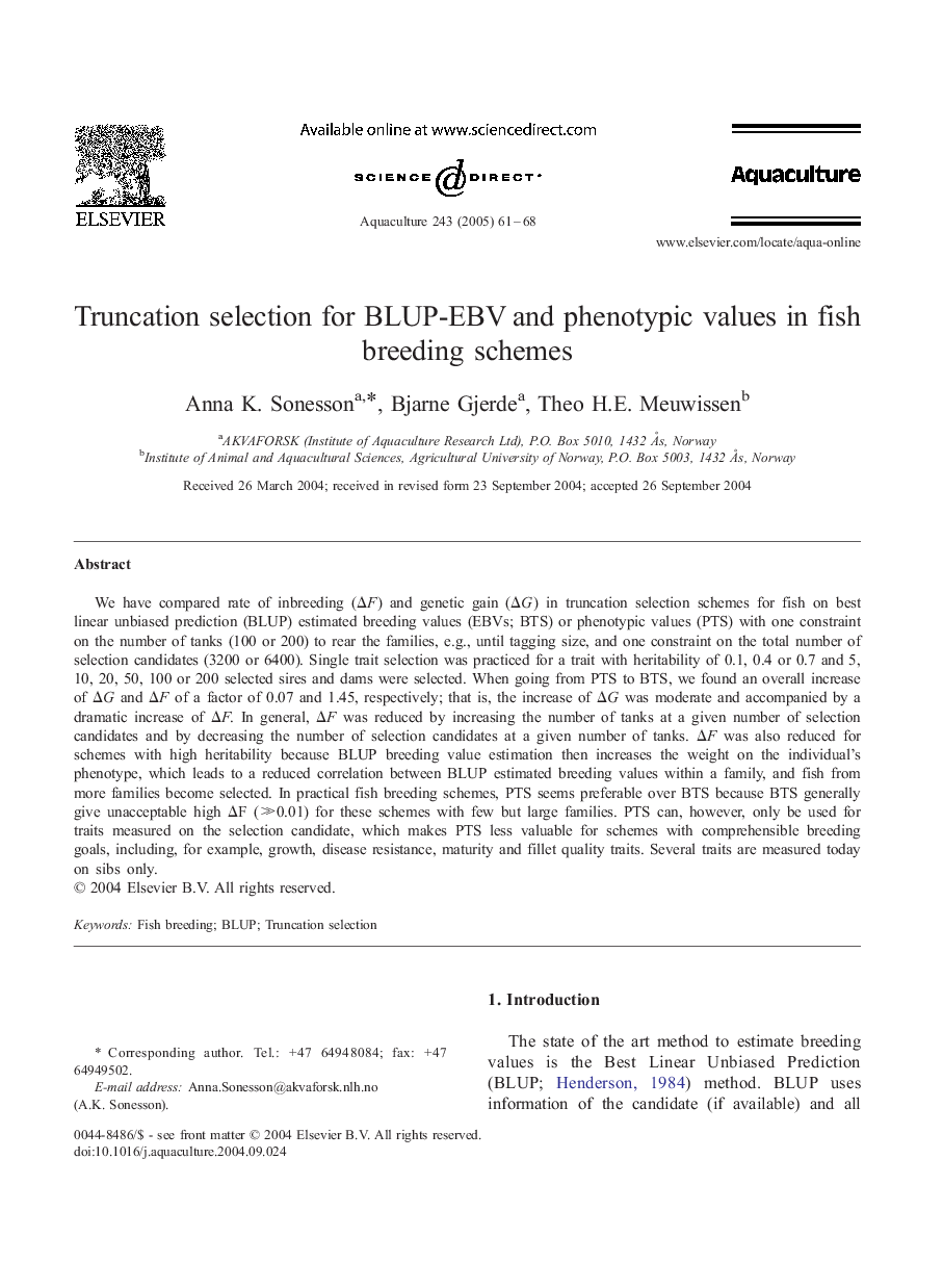 Truncation selection for BLUP-EBV and phenotypic values in fish breeding schemes