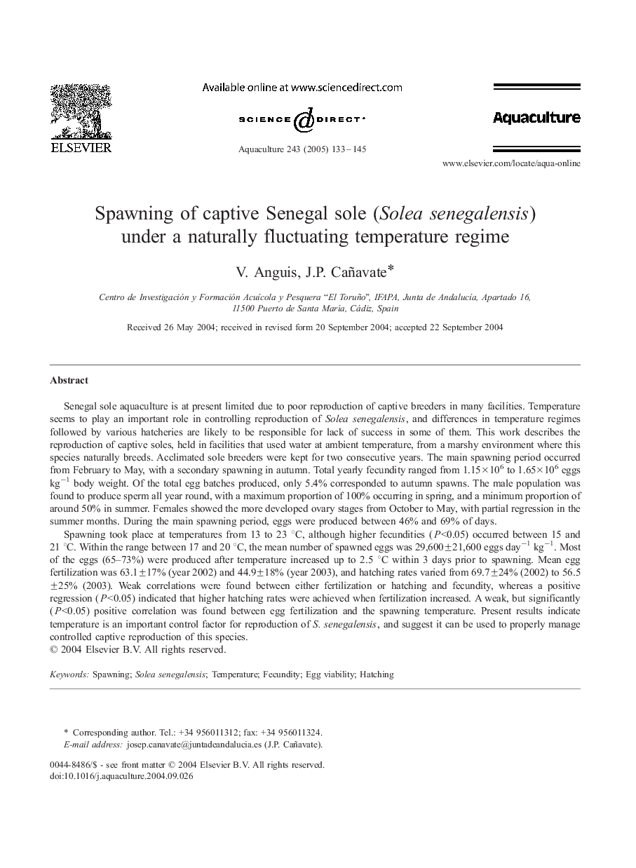 Spawning of captive Senegal sole (Solea senegalensis) under a naturally fluctuating temperature regime