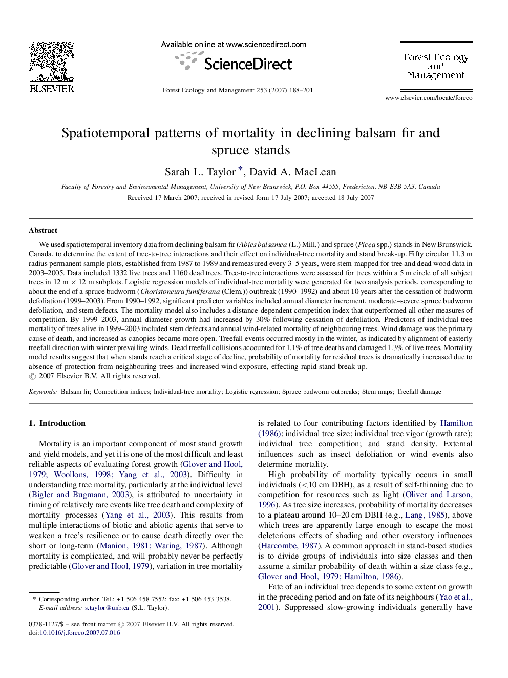 عکس صفحه اول مقاله: Spatiotemporal patterns of mortality in declining balsam fir and spruce stands Spatiotemporal patterns of mortality in declining balsam fir and spruce stands