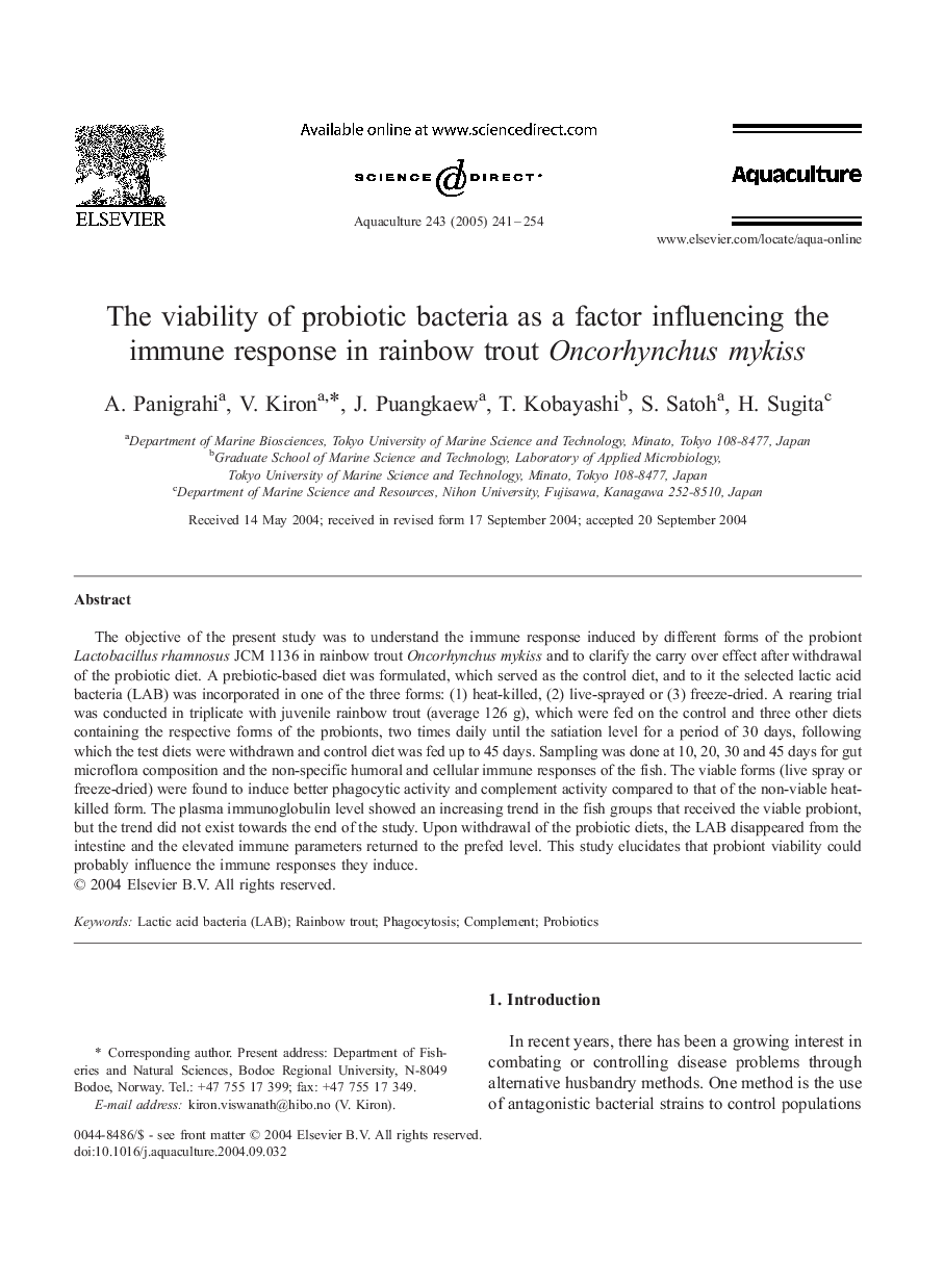 The viability of probiotic bacteria as a factor influencing the immune response in rainbow trout Oncorhynchus mykiss