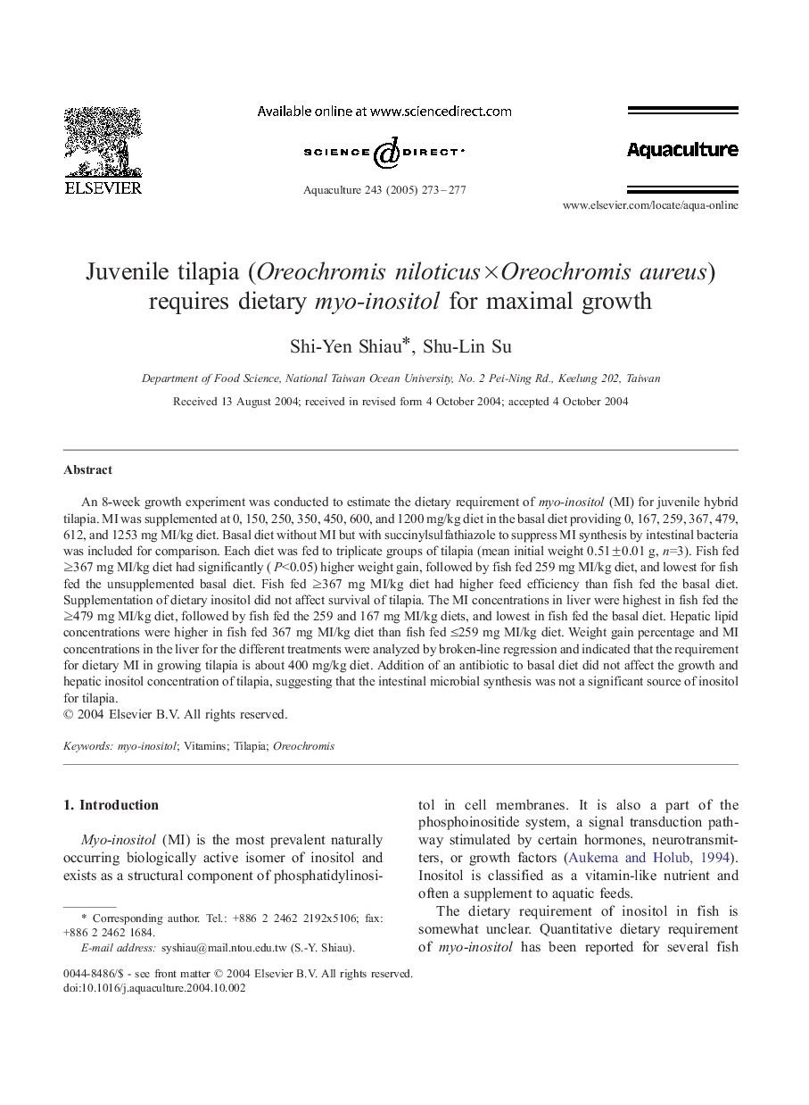 Juvenile tilapia (Oreochromis niloticusÃOreochromis aureus) requires dietary myo-inositol for maximal growth