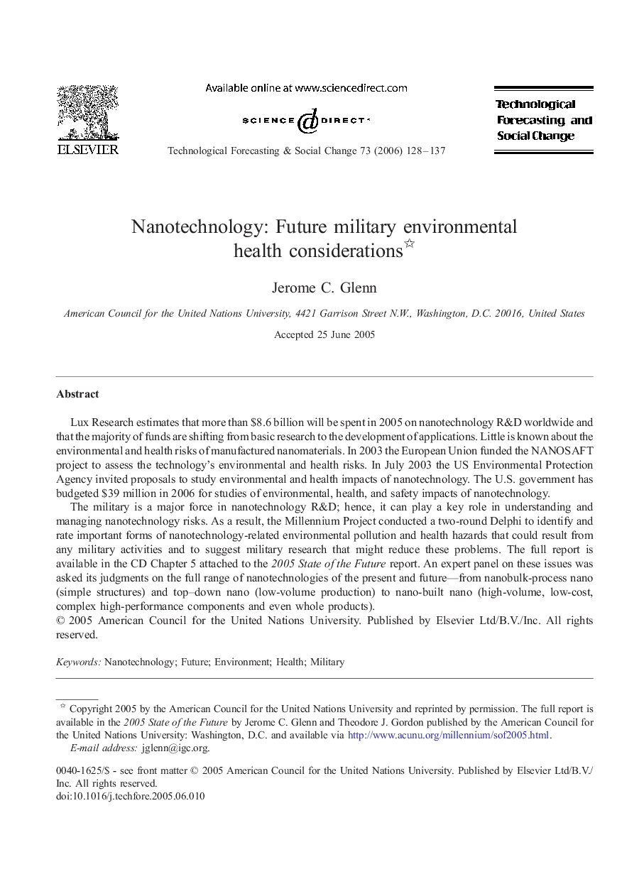 Nanotechnology: Future military environmental health considerations 