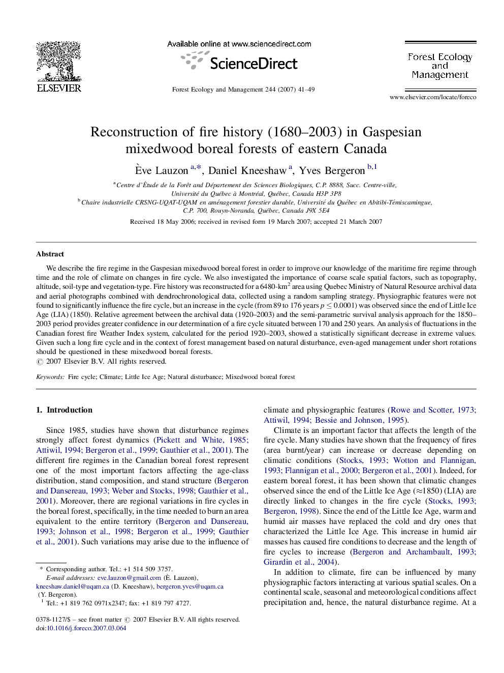 Reconstruction of fire history (1680–2003) in Gaspesian mixedwood boreal forests of eastern Canada