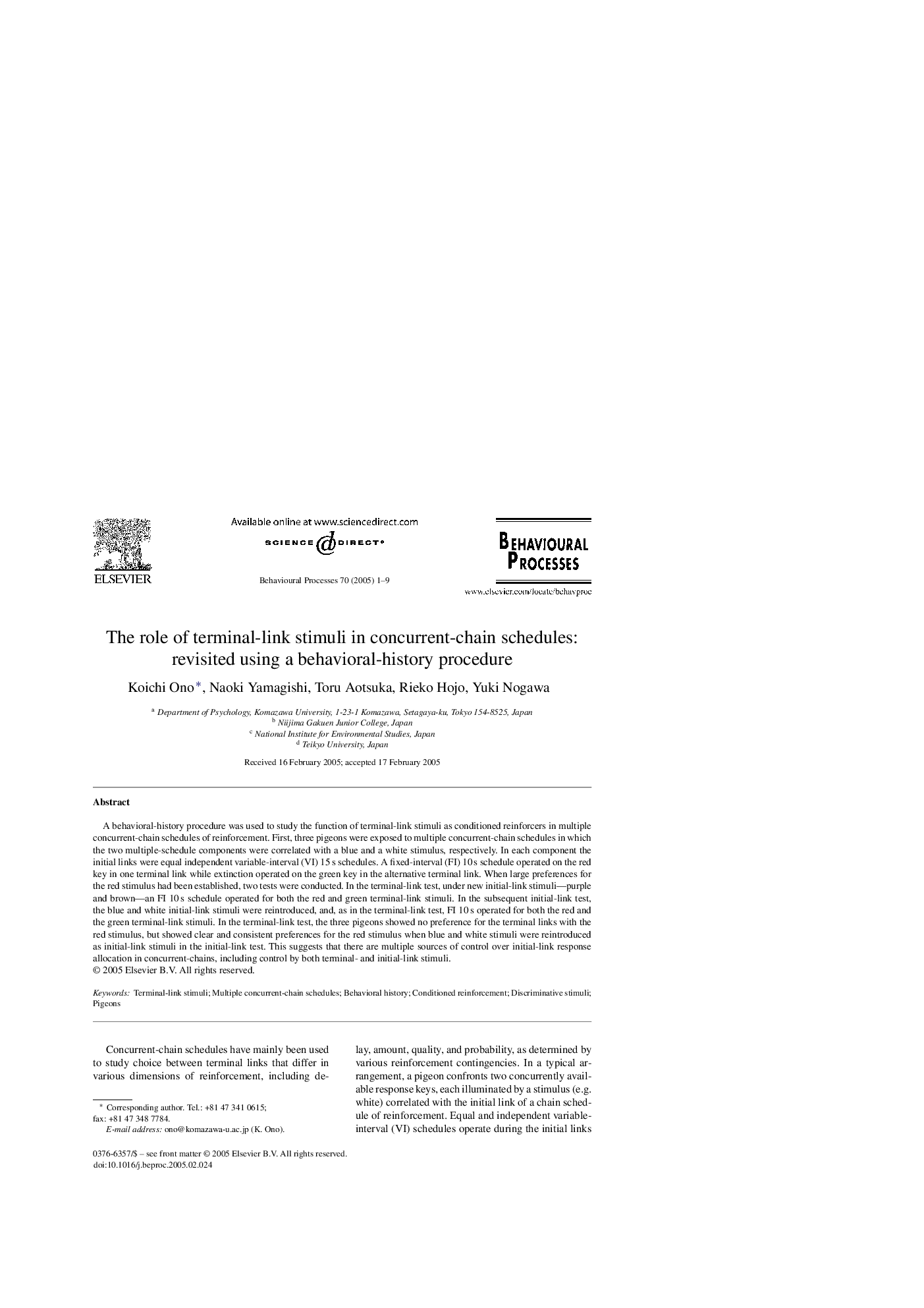 The role of terminal-link stimuli in concurrent-chain schedules: revisited using a behavioral-history procedure