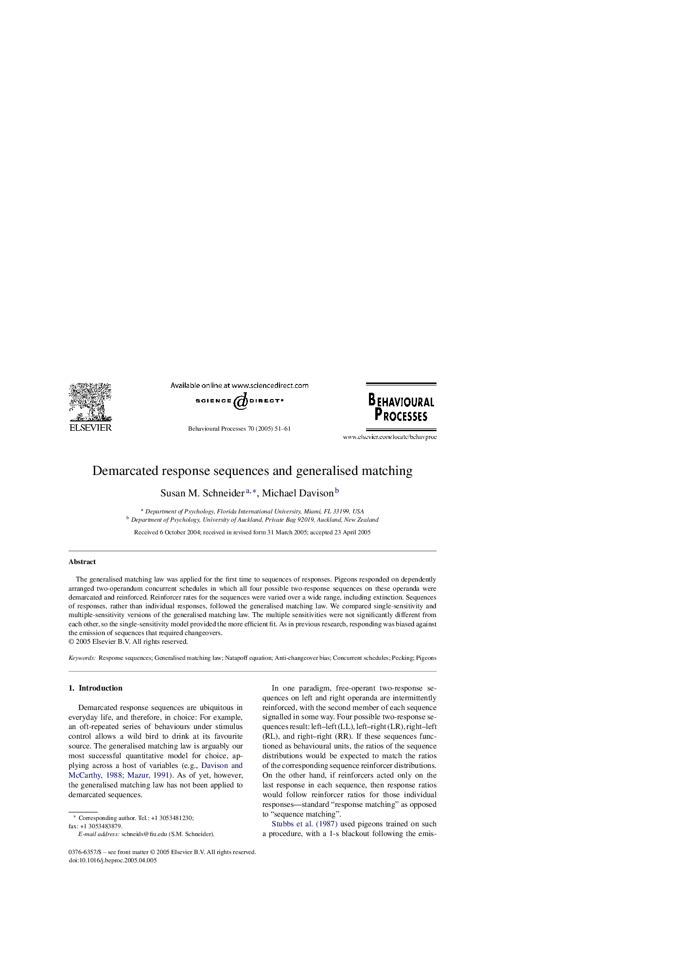 Demarcated response sequences and generalised matching