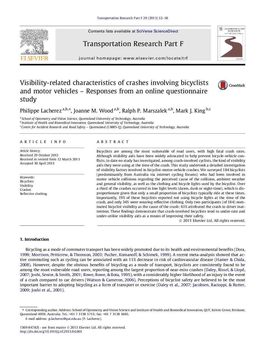 Visibility-related characteristics of crashes involving bicyclists and motor vehicles – Responses from an online questionnaire study