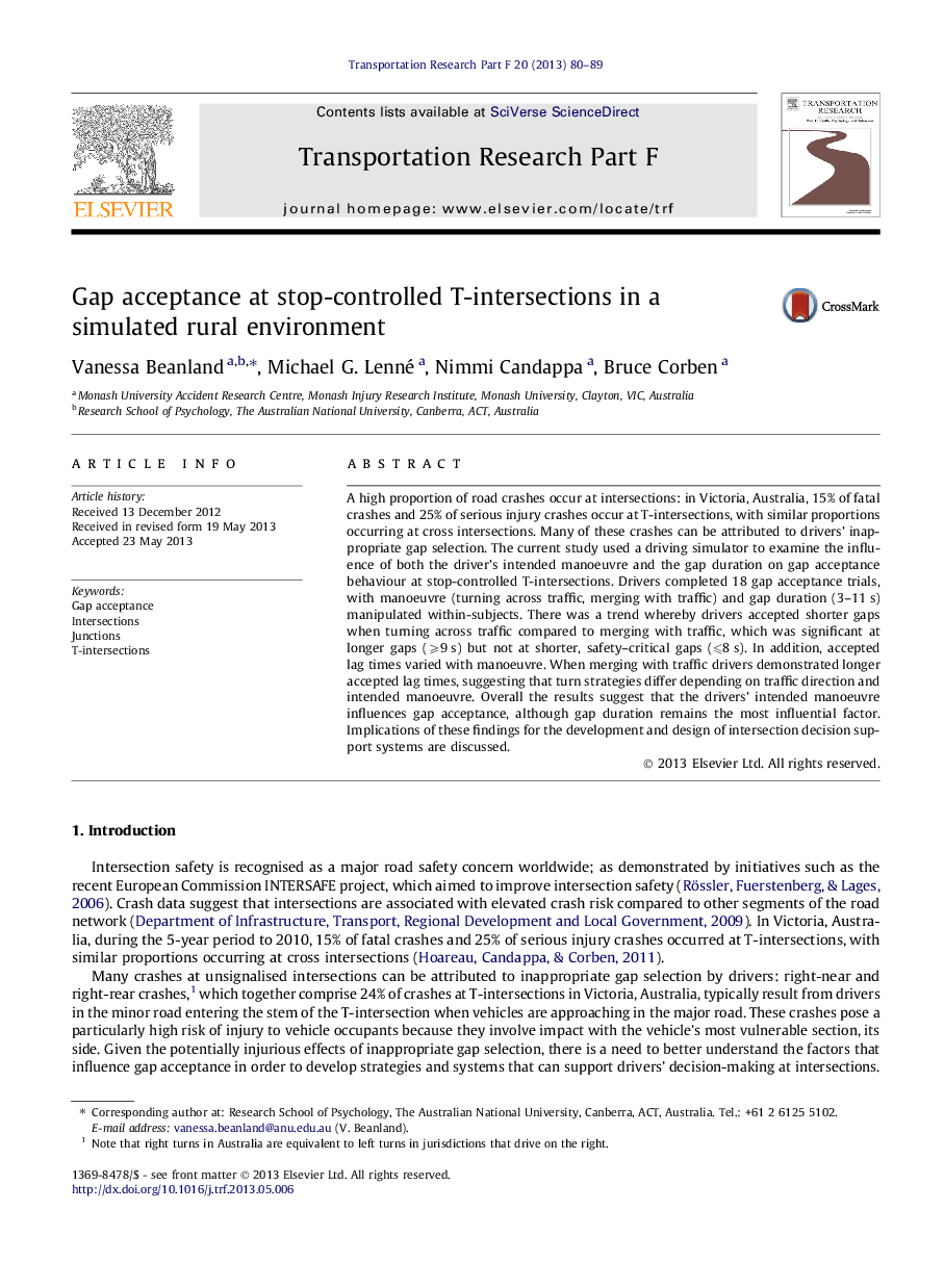 عکس صفحه اول مقاله: Gap acceptance at stop-controlled T-intersections in a simulated rural environment Gap acceptance at stop-controlled T-intersections in a simulated rural environment
