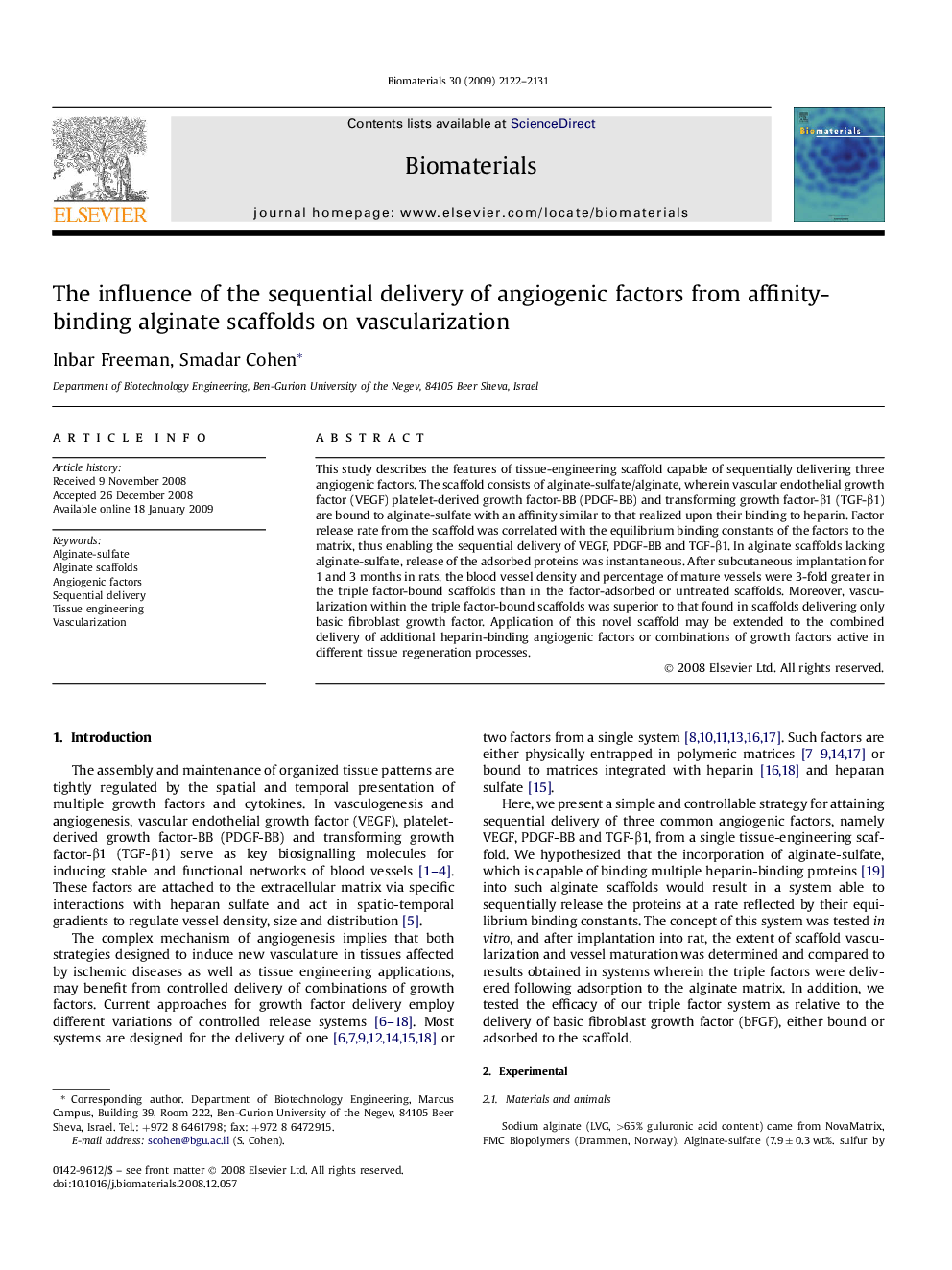 The influence of the sequential delivery of angiogenic factors from affinity-binding alginate scaffolds on vascularization