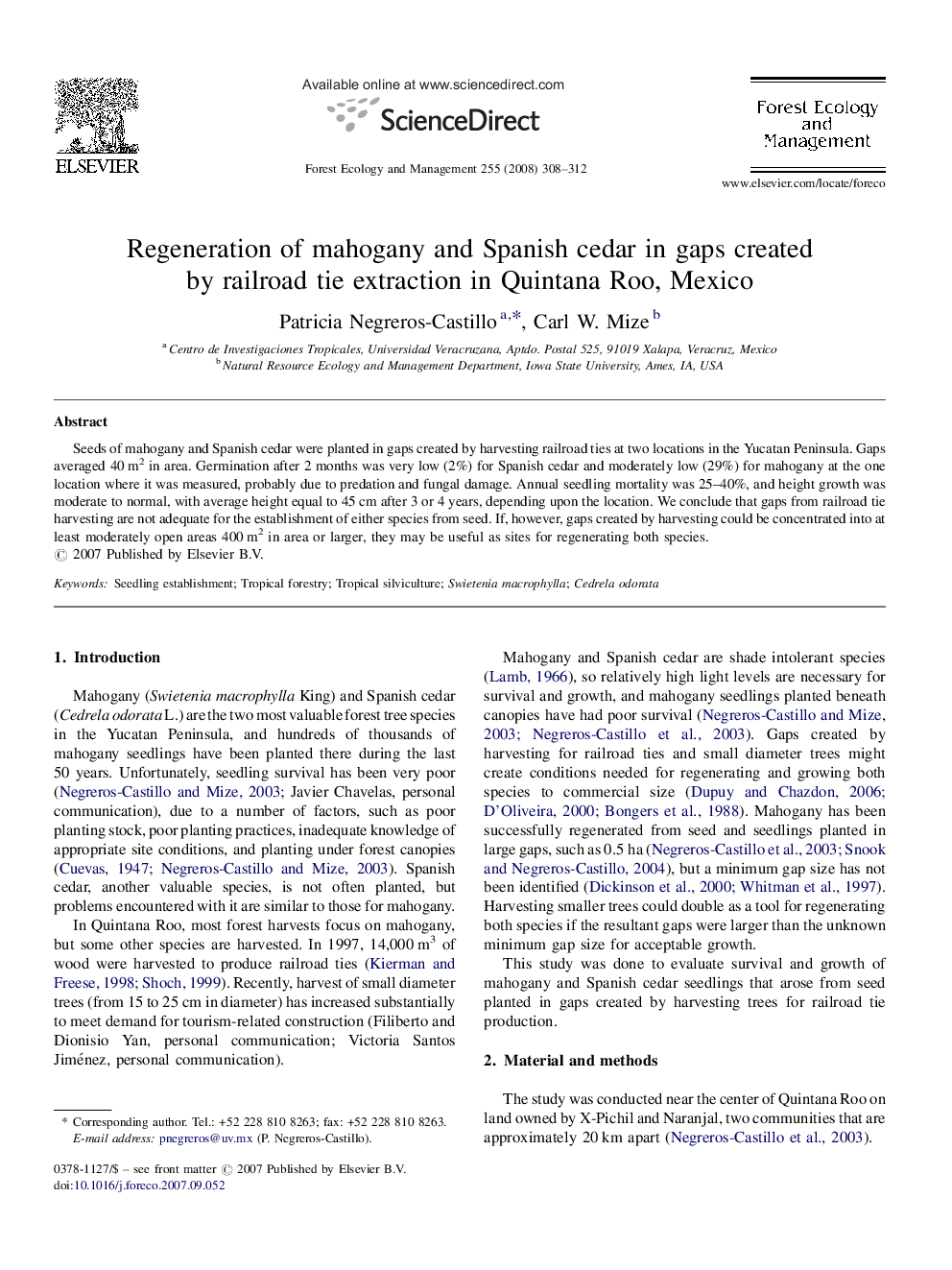 Regeneration of mahogany and Spanish cedar in gaps created by railroad tie extraction in Quintana Roo, Mexico