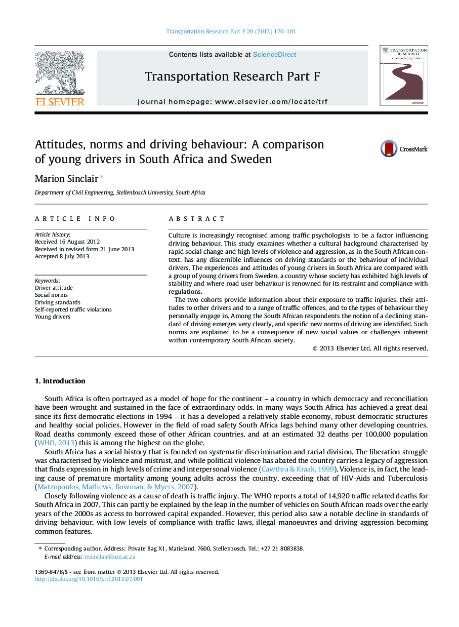 Attitudes, norms and driving behaviour: A comparison of young drivers in South Africa and Sweden