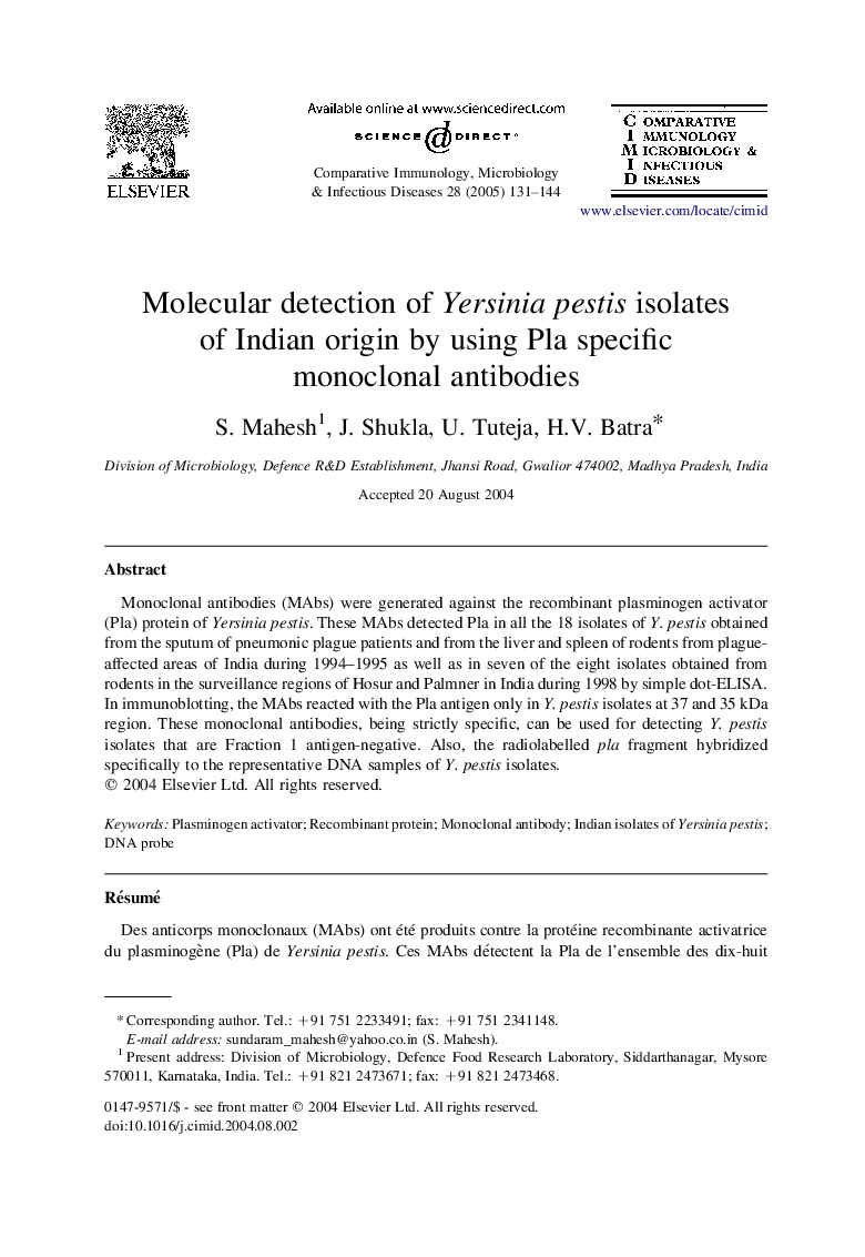 Molecular detection of Yersinia pestis isolates of Indian origin by using Pla specific monoclonal antibodies