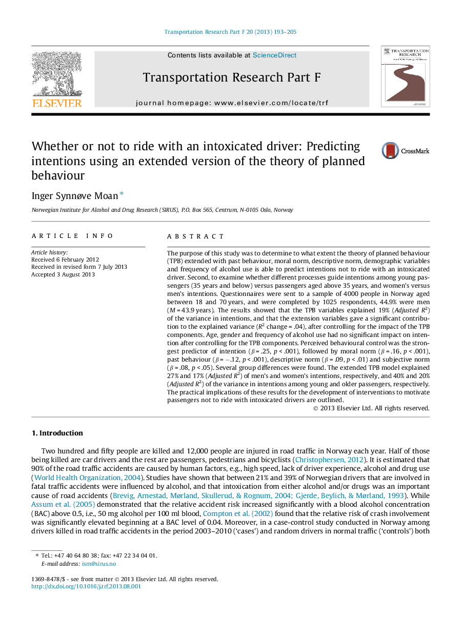 Whether or not to ride with an intoxicated driver: Predicting intentions using an extended version of the theory of planned behaviour