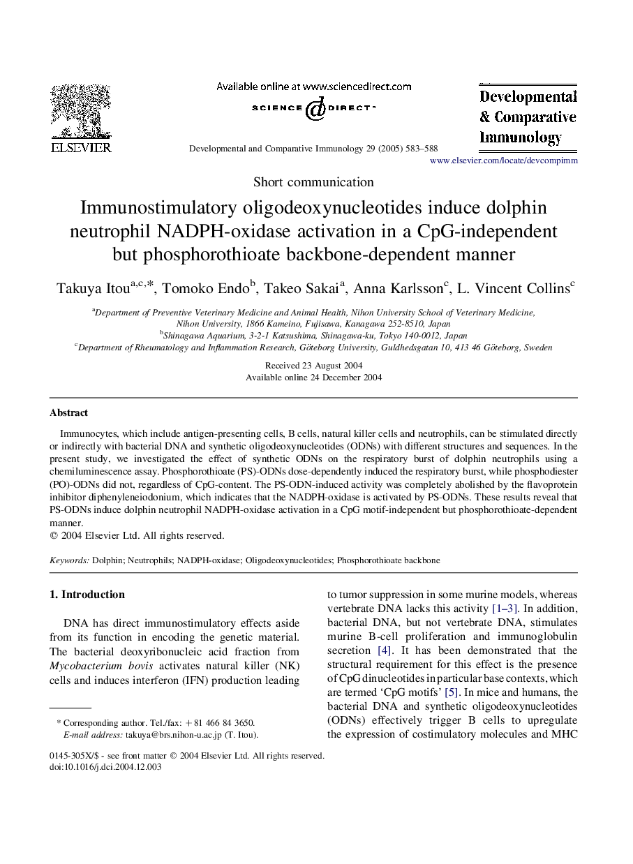 Immunostimulatory oligodeoxynucleotides induce dolphin neutrophil NADPH-oxidase activation in a CpG-independent but phosphorothioate backbone-dependent manner