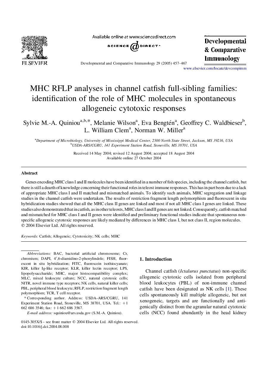 عکس صفحه اول مقاله: MHC RFLP analyses in channel catfish full-sibling families: identification of the role of MHC molecules in spontaneous allogeneic cytotoxic responses MHC RFLP analyses in channel catfish full-sibling families: identification of the role of MHC molecules in spontaneous allogeneic cytotoxic responses