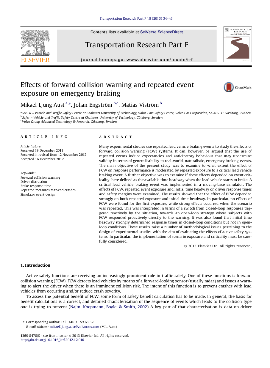 Effects of forward collision warning and repeated event exposure on emergency braking